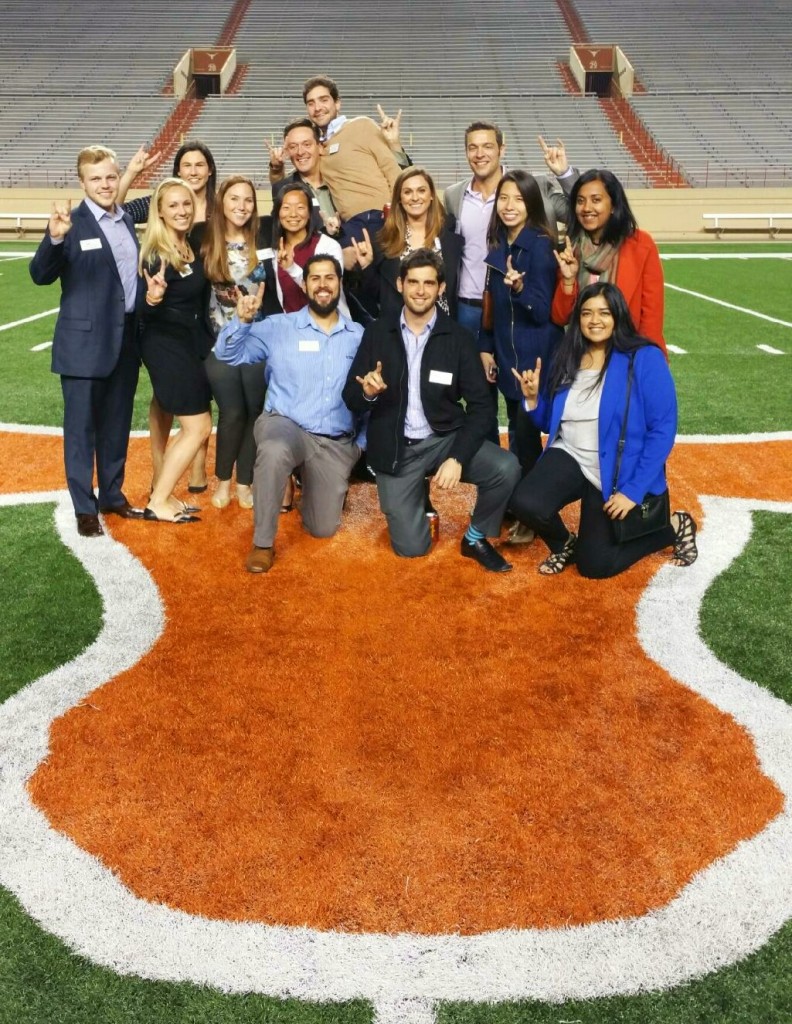 Current MBA Students on the football field for Texas Saturday. Hook 'Em!