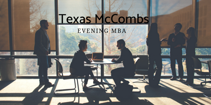 Texas McCombs Evening MBA students in a study room at sunset.