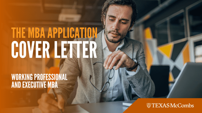 person concentrating on work with an open laptop while writing with a pen on paper. Text reads "The MBA Application: Cover Letter - Working Professional and Executive MBA