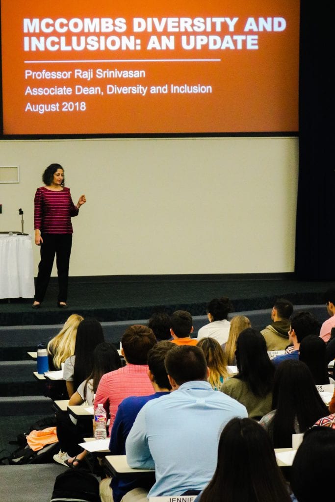 Associate Dean of Diversity and Inclusion (D&I) Raji Srinivansan stopped by iMPA Orientation to talk about new D&I initiatives at Texas McCombs.