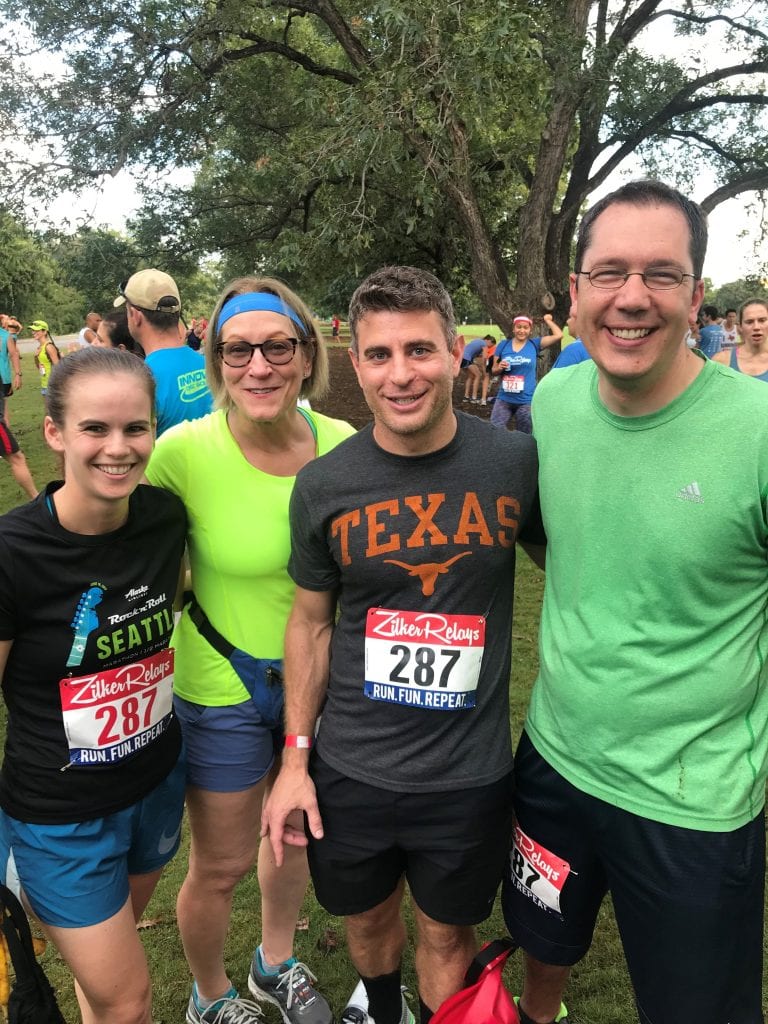 From left to right, Texas McCombs Accounting Professors Sara Toynbee, Lillian Mills, Patrick Badolato, and Braden Williams ran the Zilker Relays in 1:26:31 for the Partially Depreciated Professors team.
