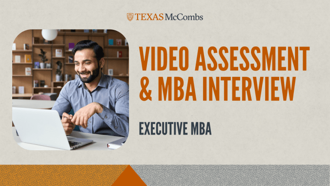 picture of a person smiling on computer. Text reads "Video assessment & mba interview - executive MBA"