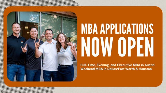 photo of 4 texas mccombs mbas with text that says "MBA Applications NOW OPEN"