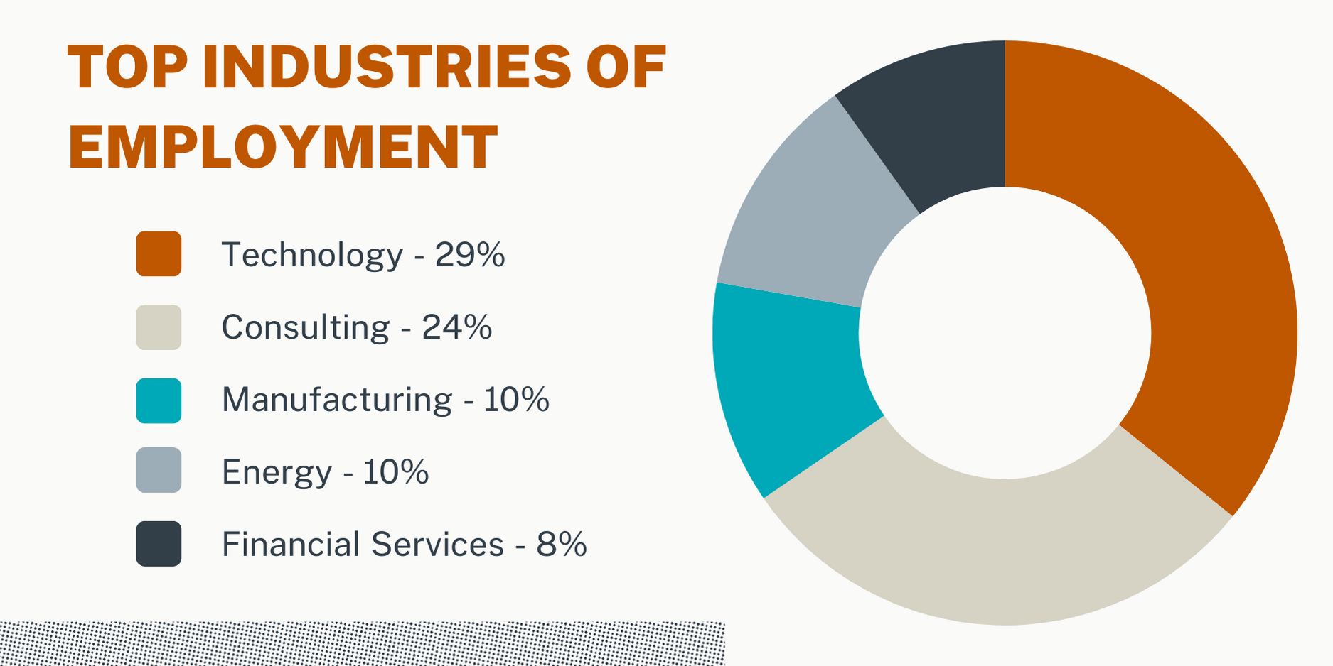 pie chart that shows the stats above. Technology - 29% Consulting - 24% Manufacturing - 10% Energy - 10% Financial Services - 8%