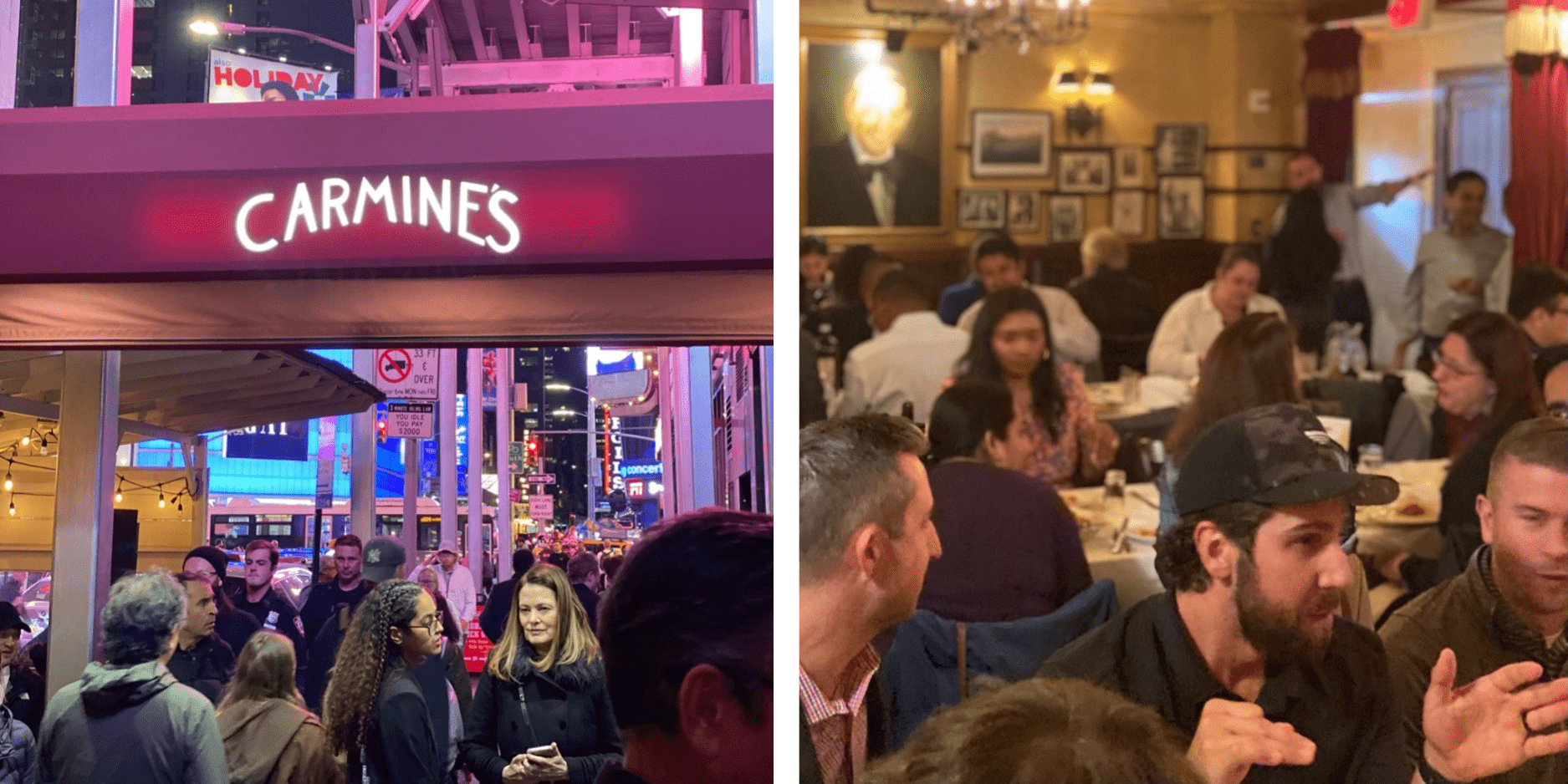 one photo of the Carmine's neon sign outside. photo two features the inside of the restaurant with students eating. 
