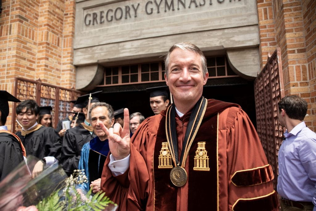  Dean Jay Hartzell along with faculty and students making their way to Gregory Gymnasium for the 2019 MPA Commencement.