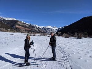 Dave cross-country skiing with his wife, Nancy.